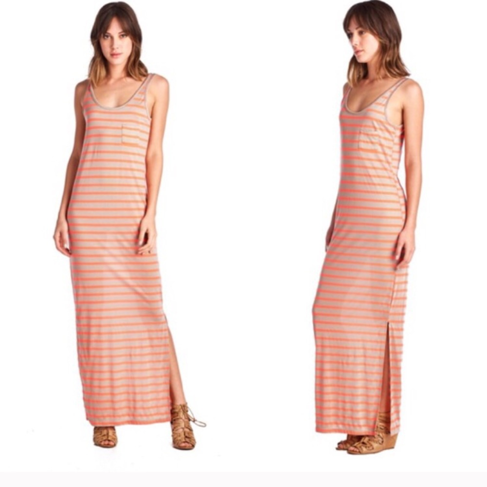 Cute and comfy side split striped maxi dress!